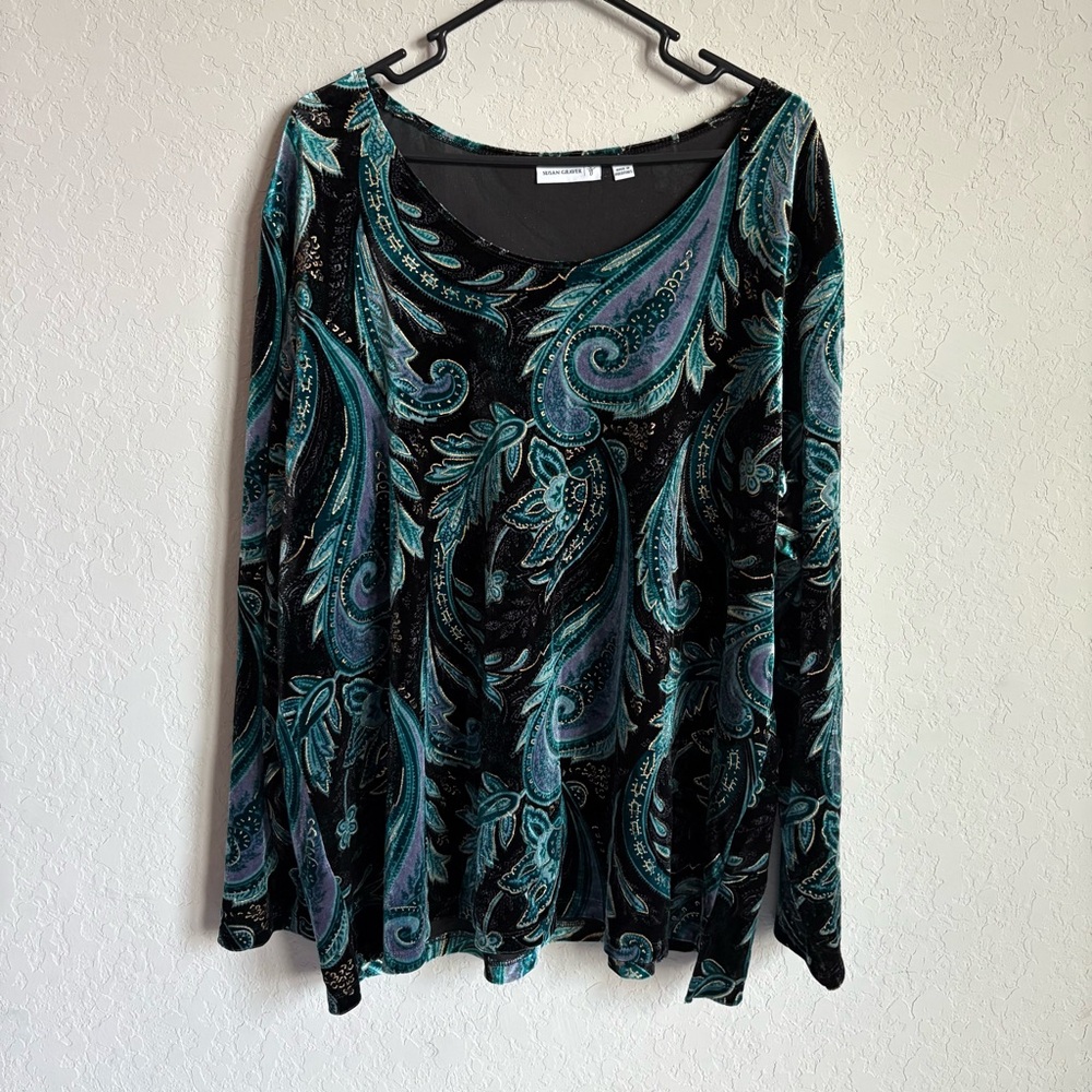 Susan Graver Womens Whimsigoth Velvet Burnout Top Size 3X Paisley Metallic